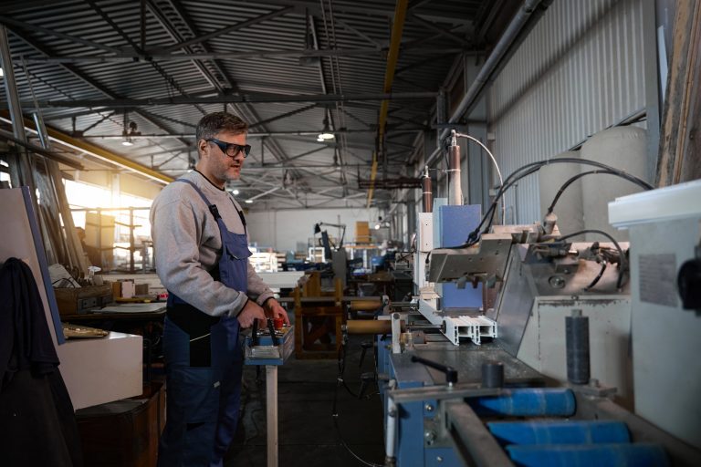 A machine operator in safety glasses running equipment in a manufacturing plant